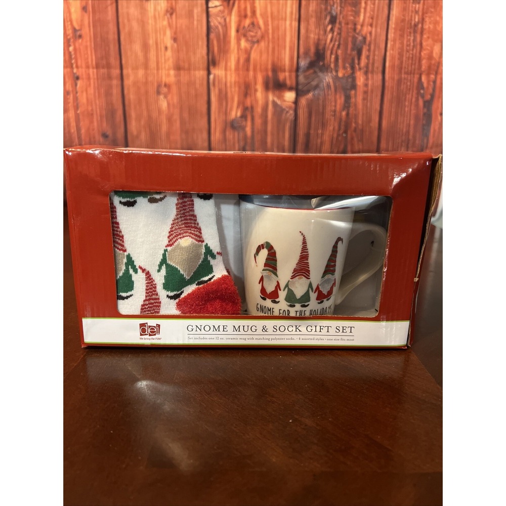 DEI Gnome Mug & Sock Gift Set, Ceramic Coffee Mug Matching Socks Holiday Dmg Box